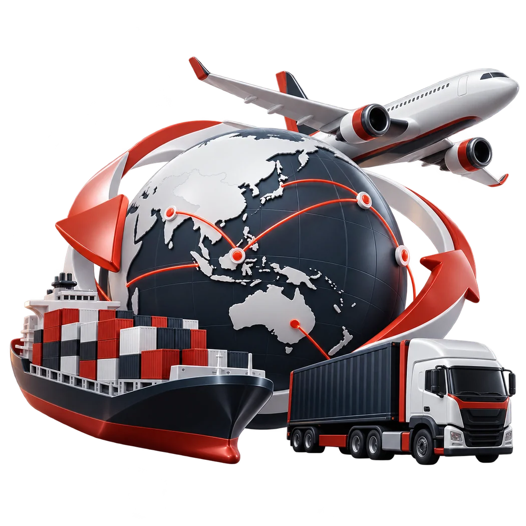 A globe with routes, an aircraft, a container ship and a truck